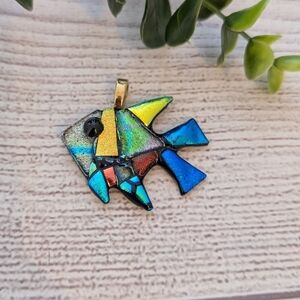 Handmade colorful abstract rainbow Angel fish necklace pendant